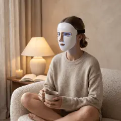Woman unwinding on the sofa with a cup of tea while wearing the Lumoras LED face mask in blue light mode
