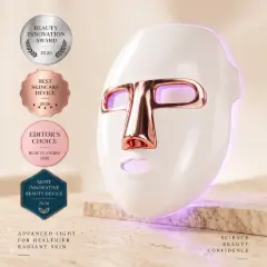 Lumoras LED face mask on warm beige travertine with rose-gold T-shaped visor and soft purple light